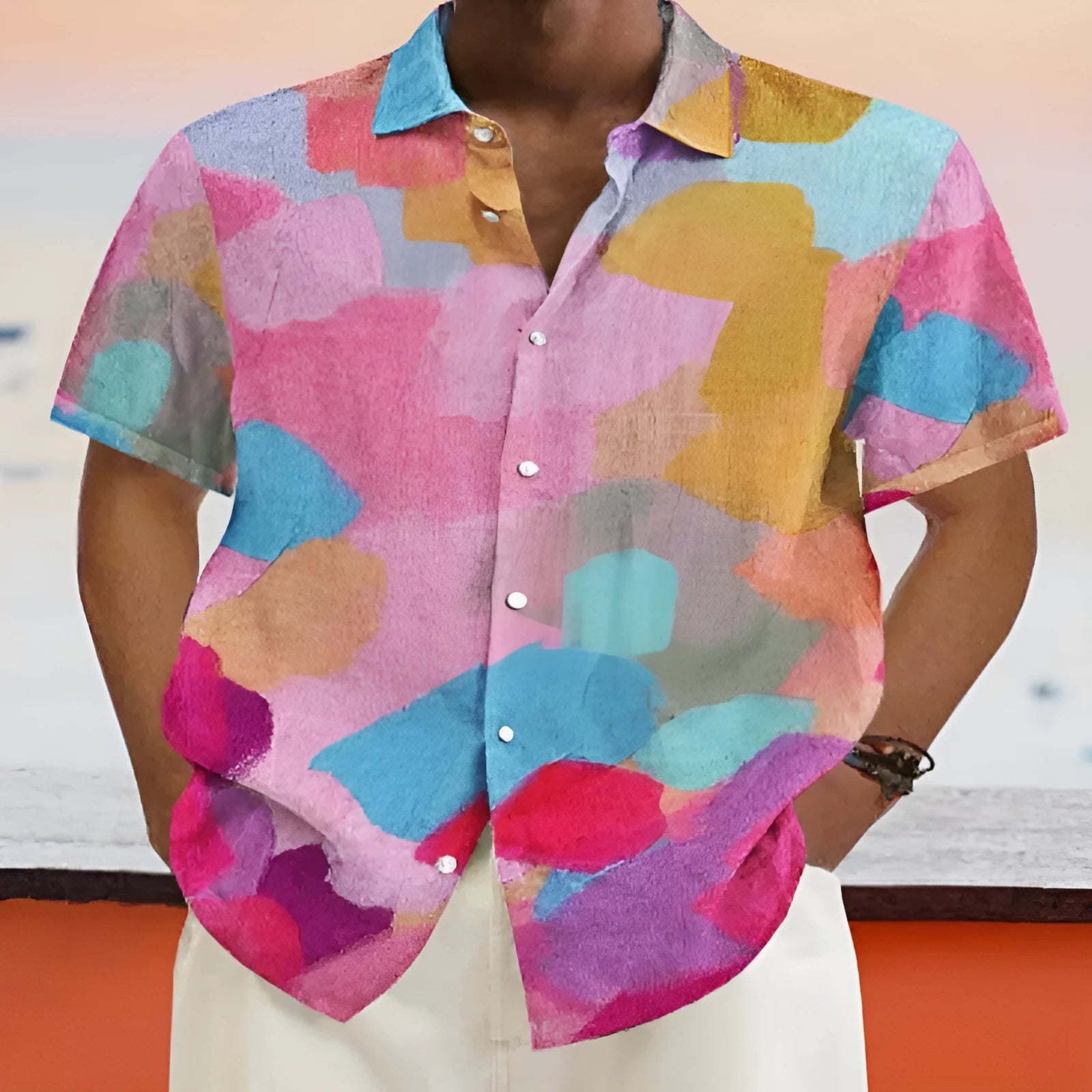 Hawaiian style short sleeve cardigan with stand collar and 3D printing design in available sizes S to XXXL