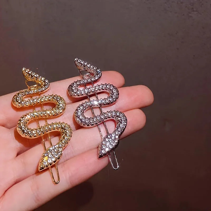 Korean vintage snake barrette hair clip with rhinestone electroplating in gold or silver colour option