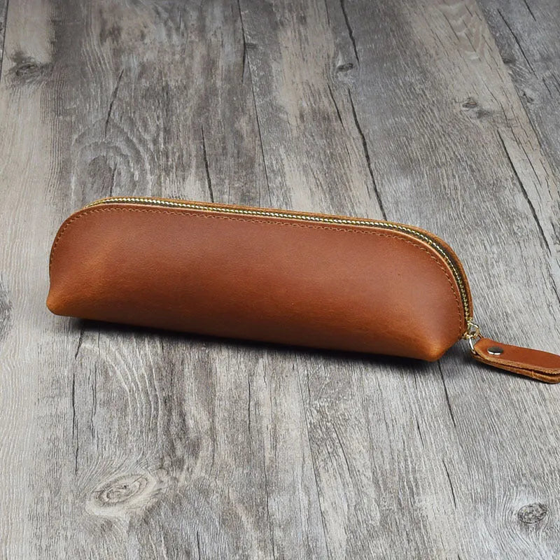 Handmade square leather pencil case with zipper in black, brown, dark brown, or yellow