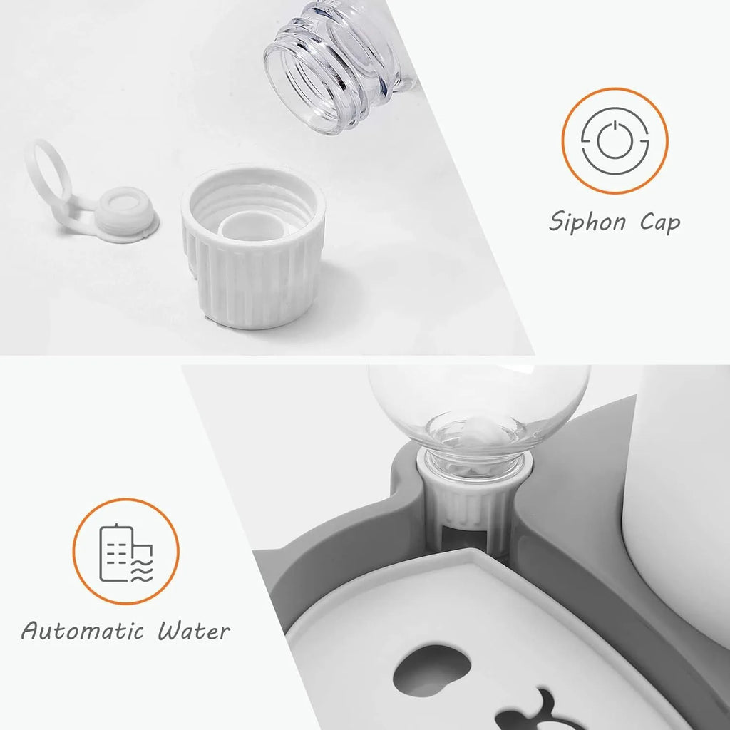 Grey and green panda-shaped automatic pet feeder with tilted stainless steel bowls and water bottle.