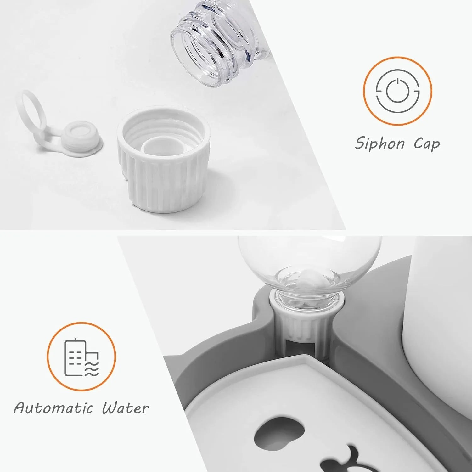Grey and green panda-shaped automatic pet feeder with tilted stainless steel bowls and water bottle.