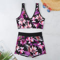 Women's two-piece swimsuit with sleeveless top and printed boxer shorts in multiple colours.