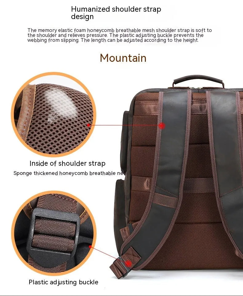 Dark brown genuine leather 17-inch laptop backpack with double shoulder straps and embossed finish