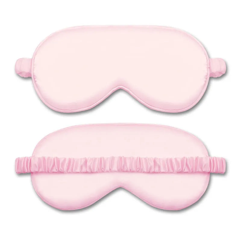 Double-sided Rayon elastic satin sleep mask shown in multiple colour options including sky blue, black, wine red, and light pink.