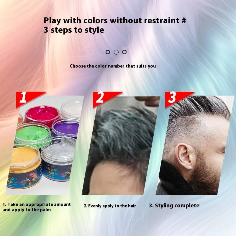 120g pot of hair styling clay in various colours including blue, red, grey, and yellow
