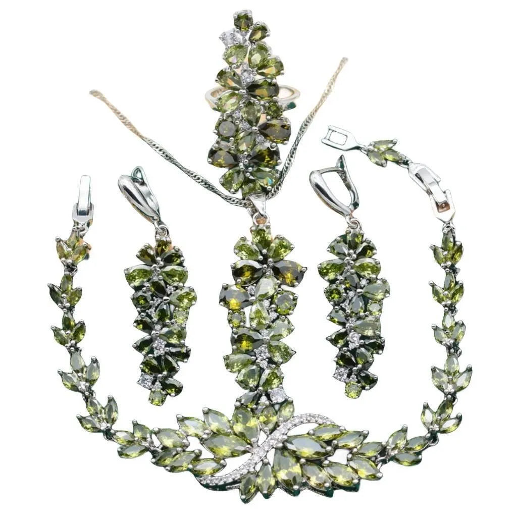 Complete retro floral jewellery set in copper with zircon stones, showing necklace, bracelet, earrings, and ring in olive green finish.