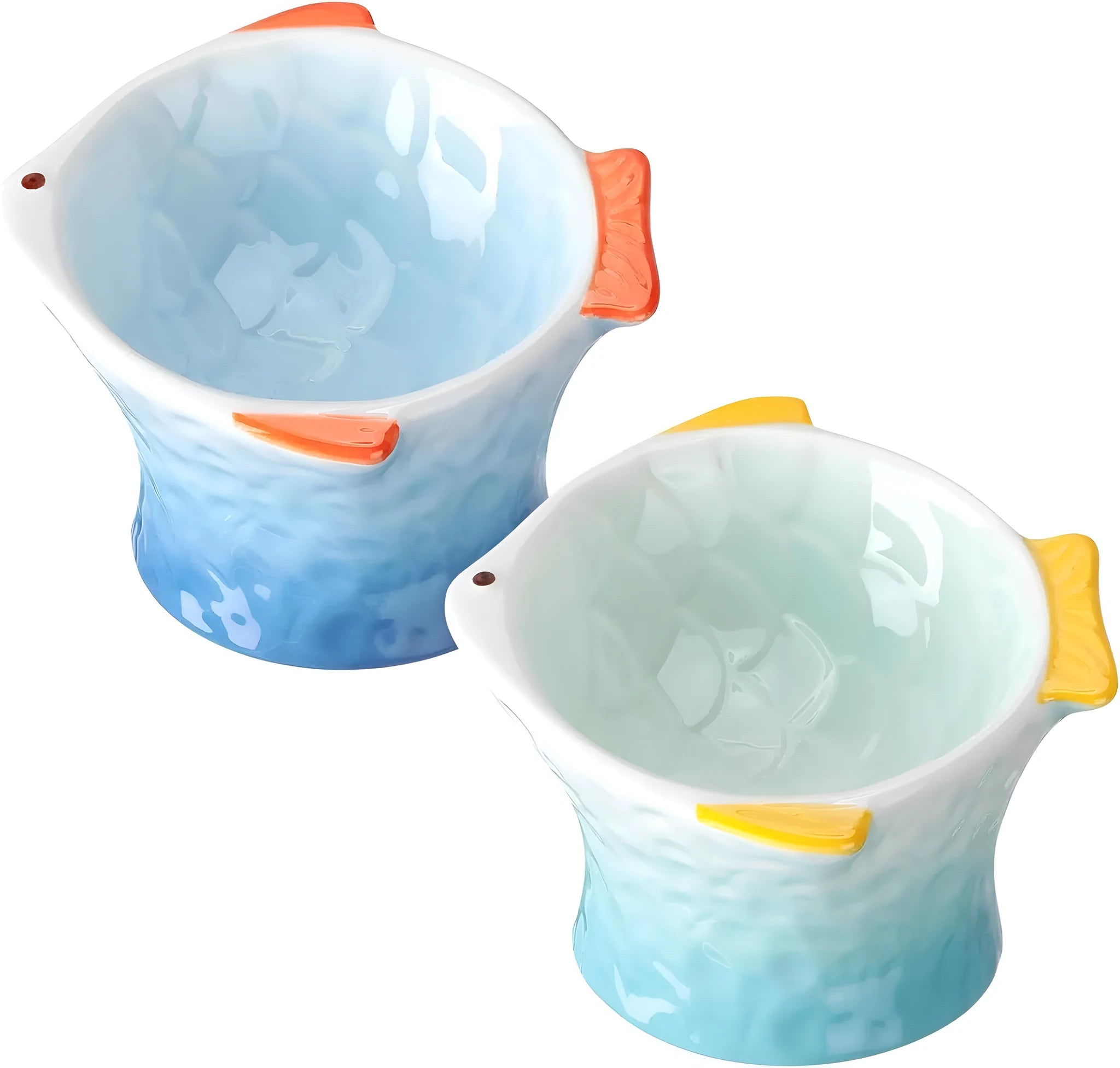 Blue fish-shaped ceramic elevated cat bowl with tilted design on a non-slip base.
