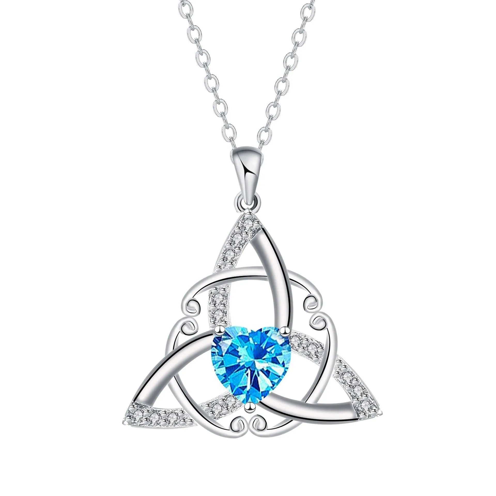 Close-up of a women's Celtic knot pendant necklace with geometric design in a choice of blue, lvzuan, red diamond or white diamond colour.