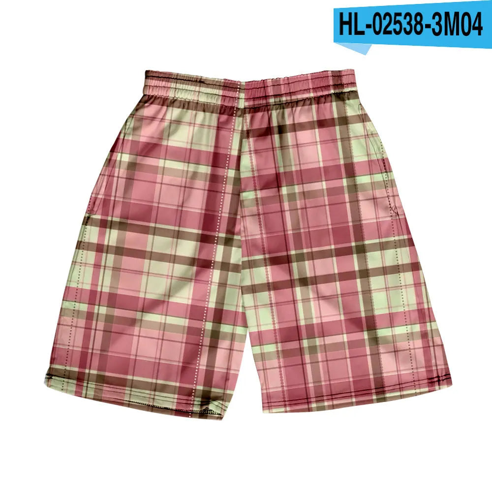 Men's plaid pattern casual shorts with an elastic waistband, shown in a straight-leg style.