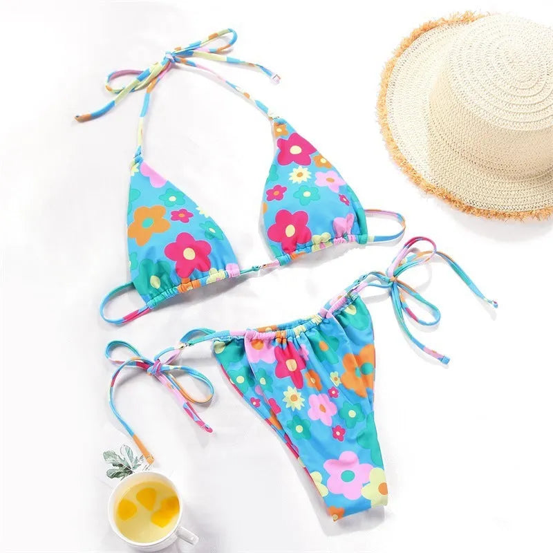 Women's polka dot print bikini in brown dot, watermelon gradient, and orange dot patterns