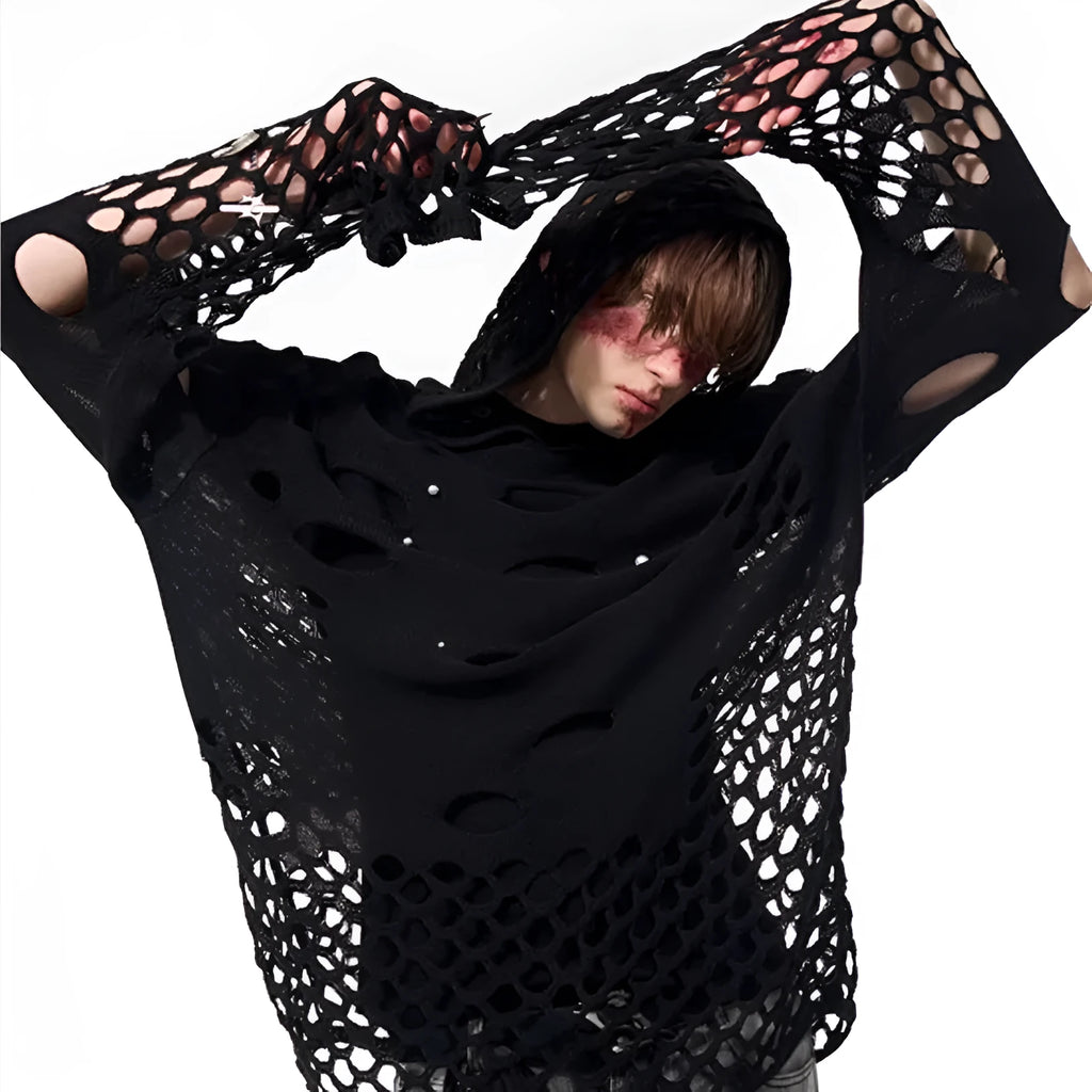Men's black hoodie with pearl decorative details and hooded collar
