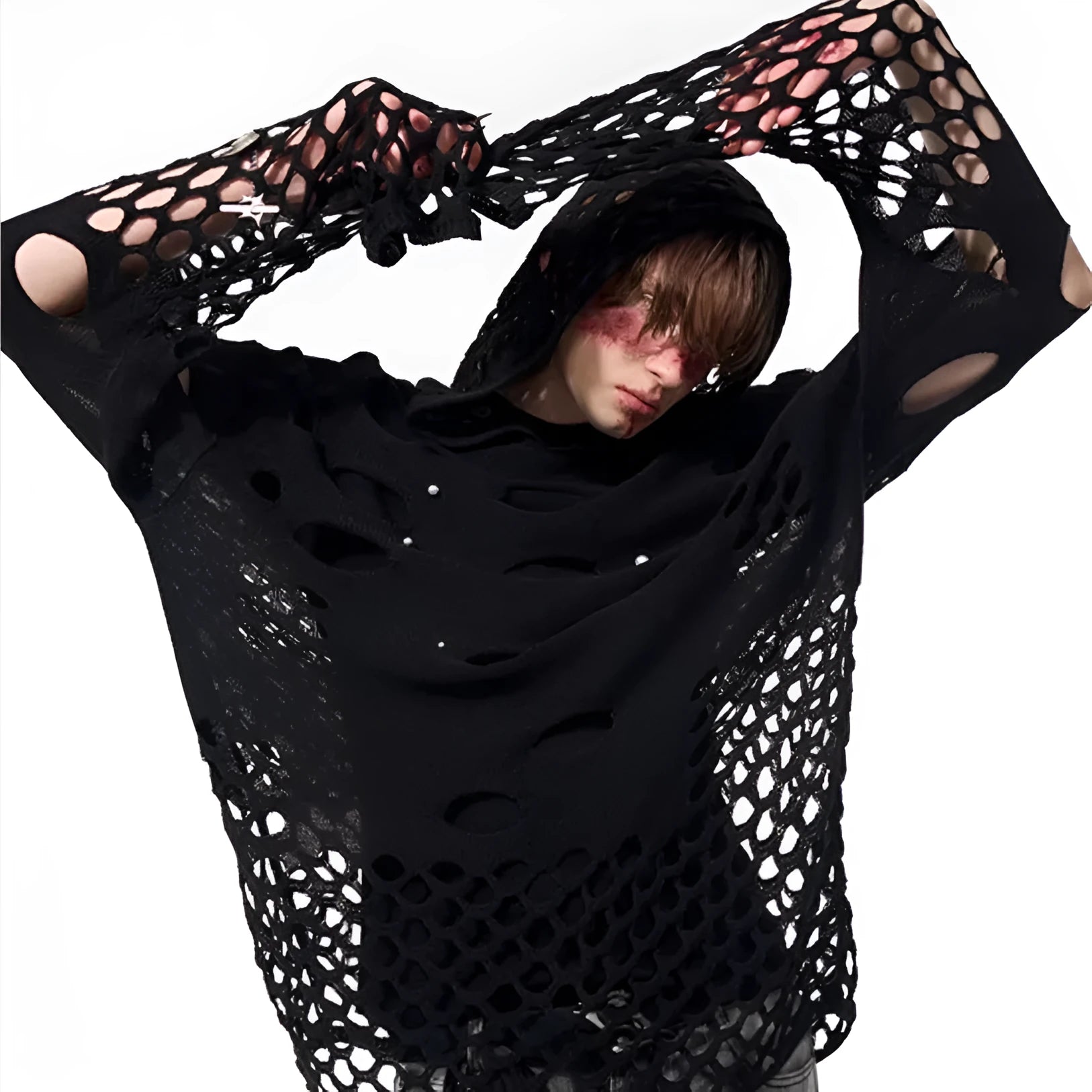 Men's black hoodie with pearl decorative details and hooded collar