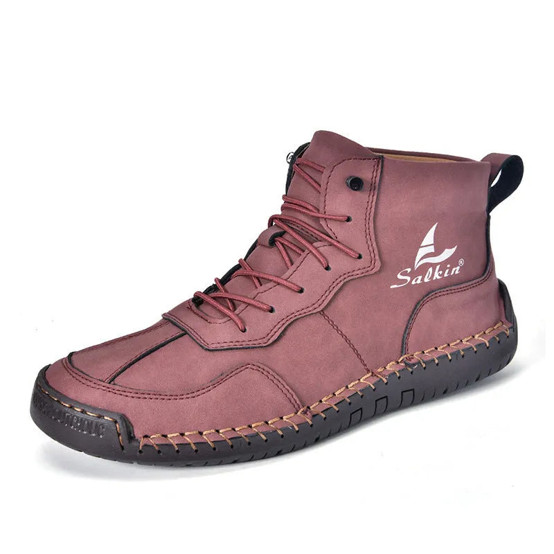 Men's beige retro high-top casual boots with elastic band and round toe on a non-slip rubber sole.