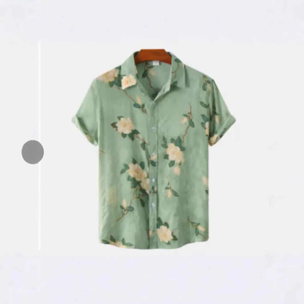 Hawaiian floral print short sleeve shirt with four-sided elastic polyester fabric