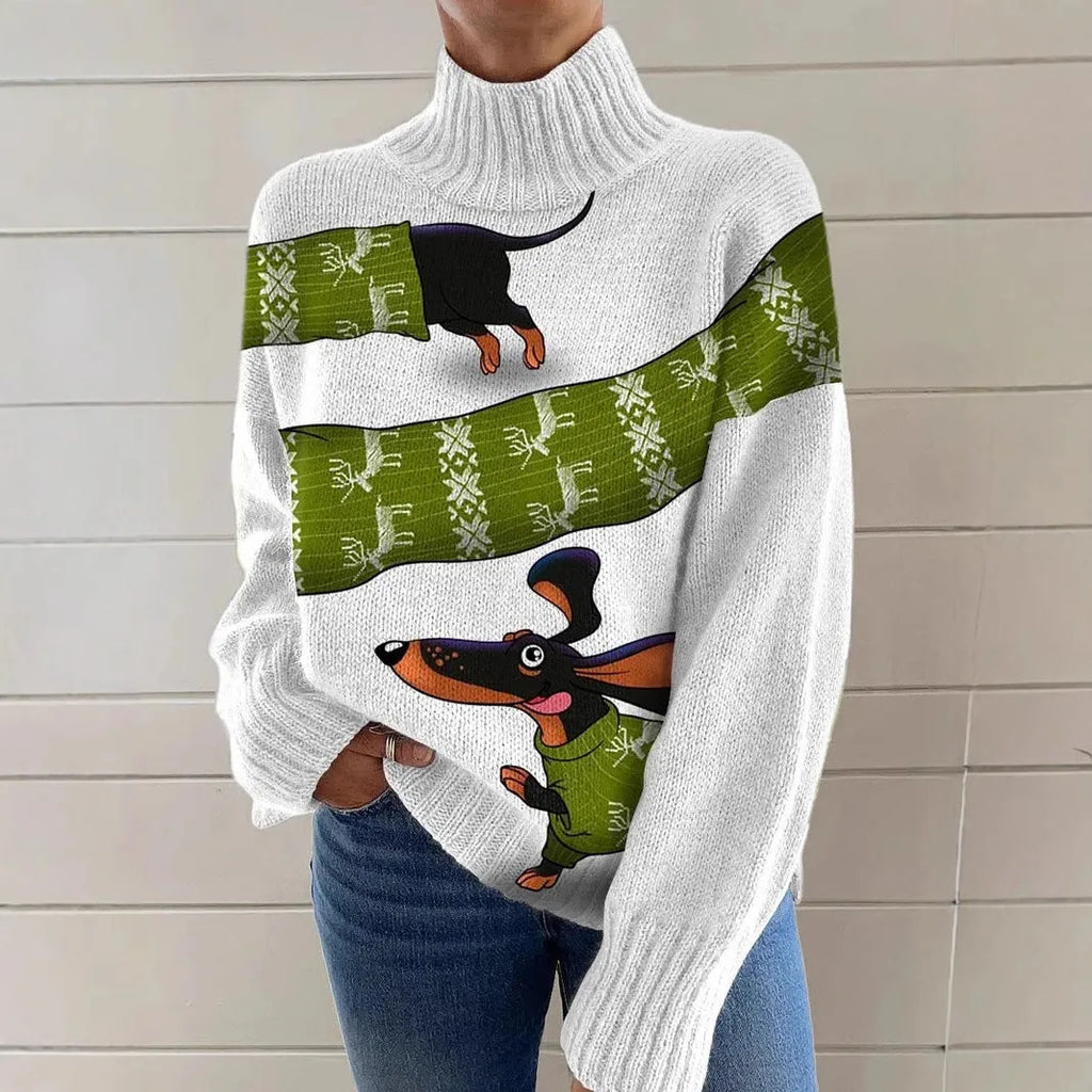 Women's loose fit Christmas print turtleneck sweater in a soft macaron colour.