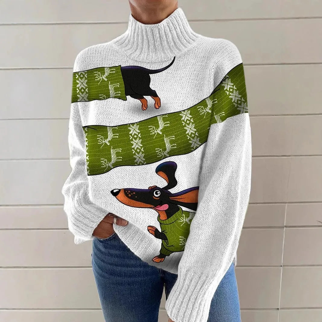Women's loose fit Christmas print turtleneck sweater in a soft macaron colour.