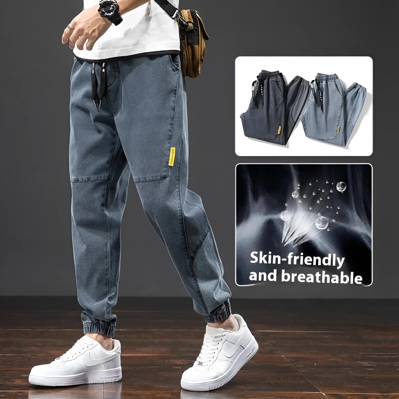 Men's straight-leg cargo jeans in Korean style with micro-elastic cotton fabric