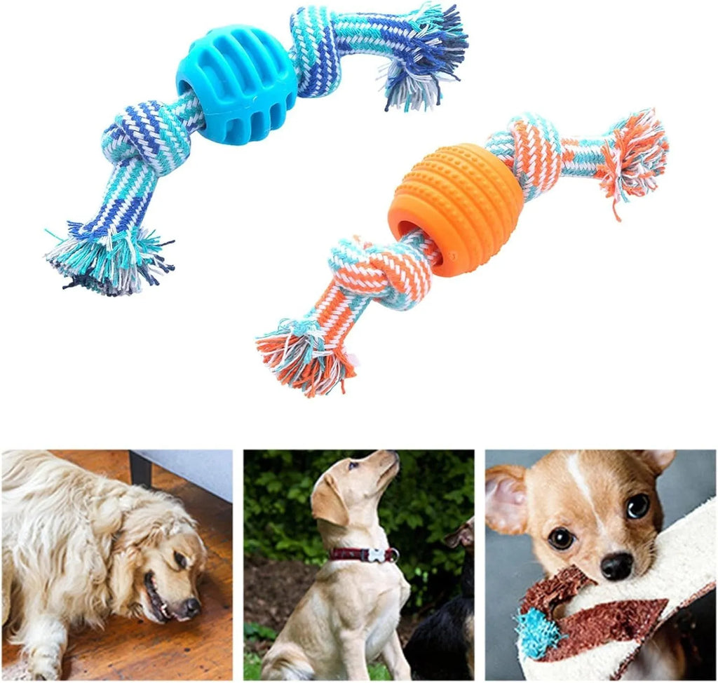 Blue dog dental chew toy with rope sections and molar-cleaning ridges for oral health