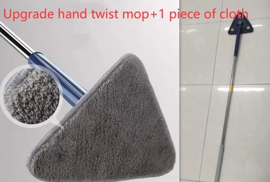 Blue extendable triangle cleaning mop with rotating head on a stainless steel pole for floors and walls.