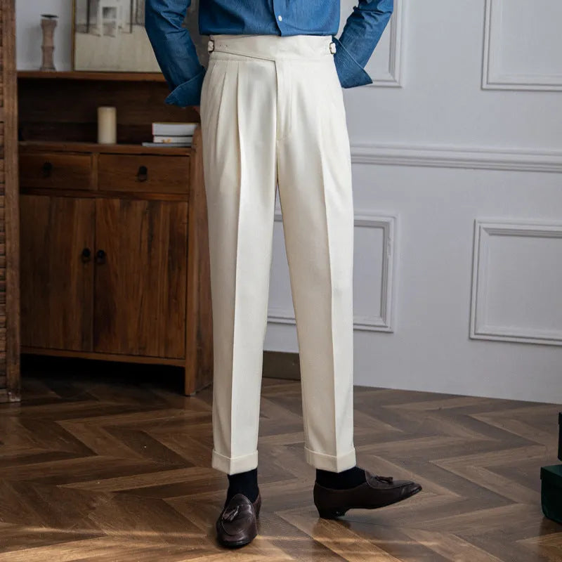 Men's high waist straight leg casual trousers in polyester fabric available in four colours
