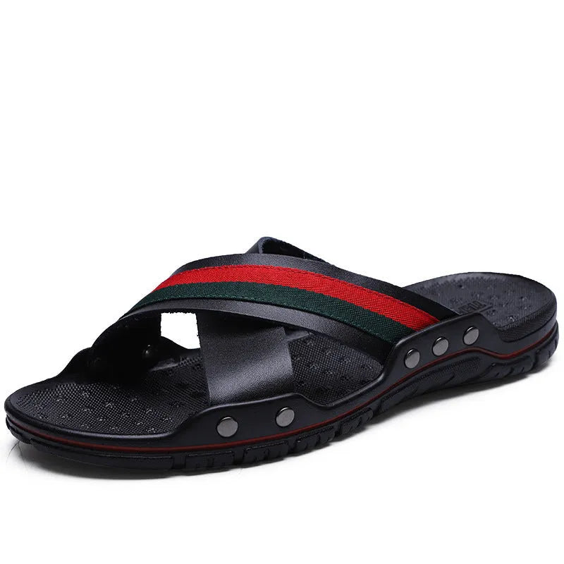Men's cowhide leather beach sandals with a non-slip PU sole in black, blue, or white.