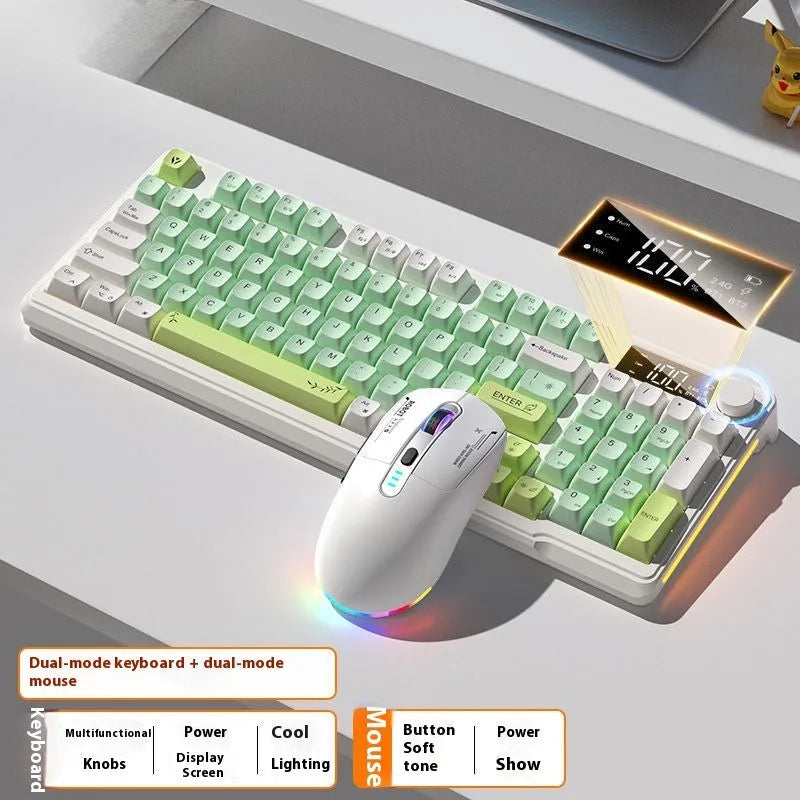 Blue and white wireless mechanical keyboard and mouse set on a desk, showing Type-C cable.