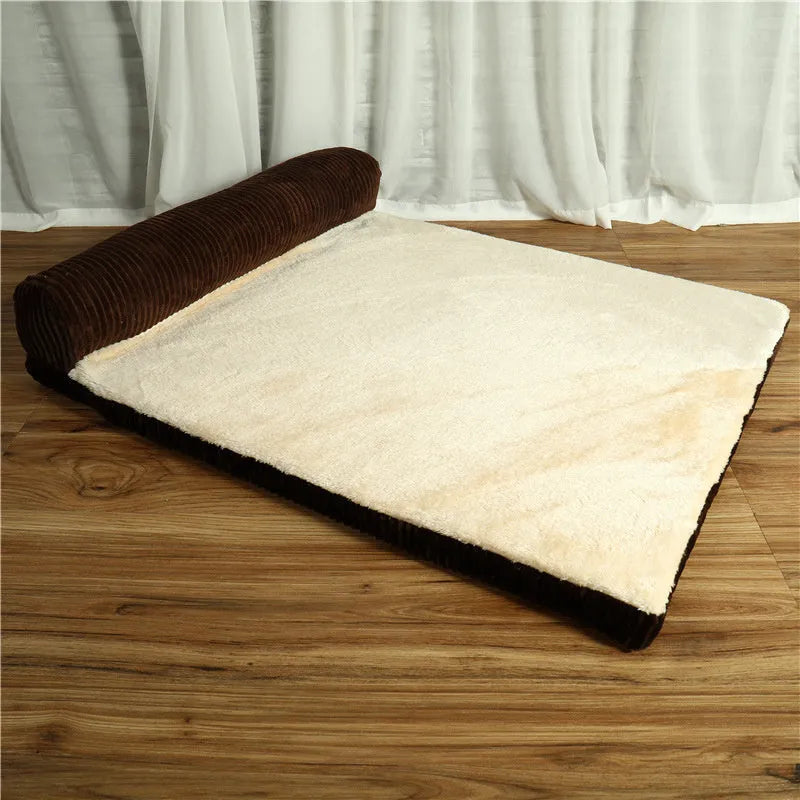 Corduroy pet sofa dog bed in grey colour with a non-slip base, shown in a bilateral style.