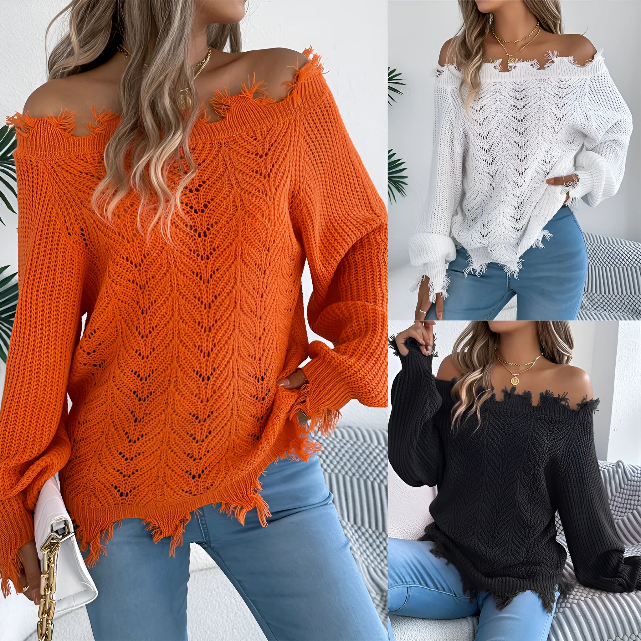 White women's hollow-out knit pullover sweater with long sleeves and an off-the-shoulder neckline.