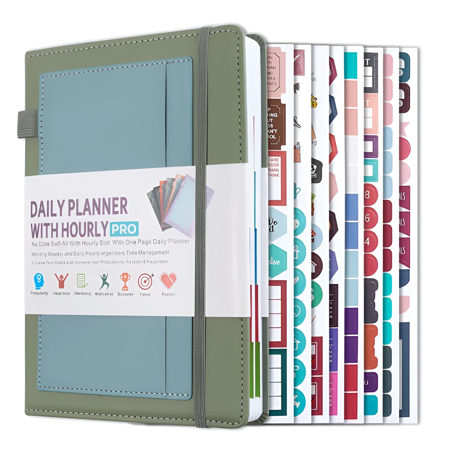 Self-filled no-date notebook with thread binding, showing PU cover in purple with planning stickers