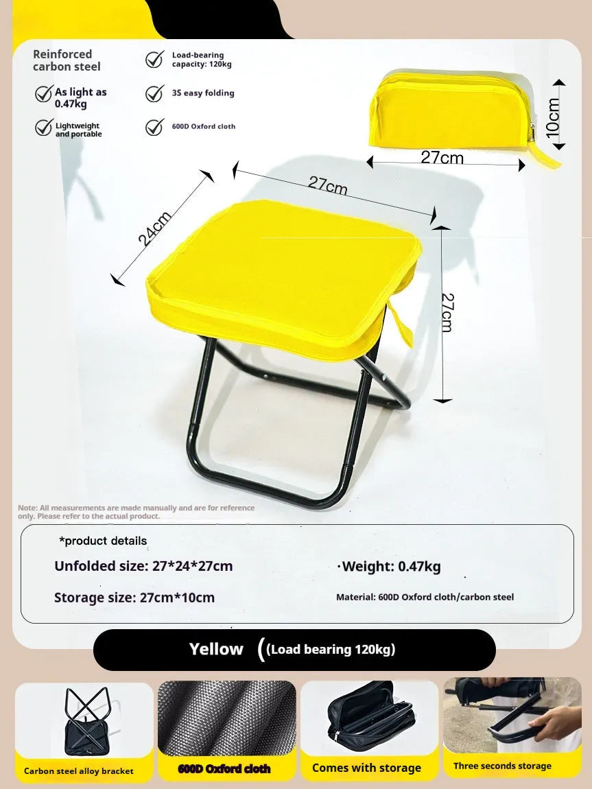 Lightweight foldable camp chair stool in Oxford cloth, shown in a khaki colour, folded into its compact pencil box shape.