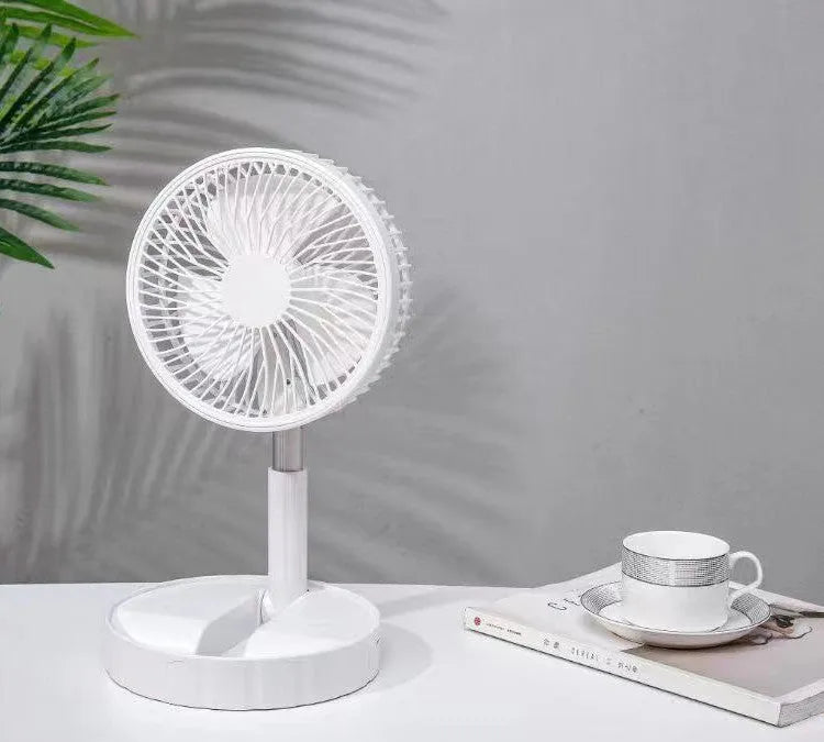 Black portable telescopic folding fan extended to full height showing ABS plastic body and aluminium alloy stand