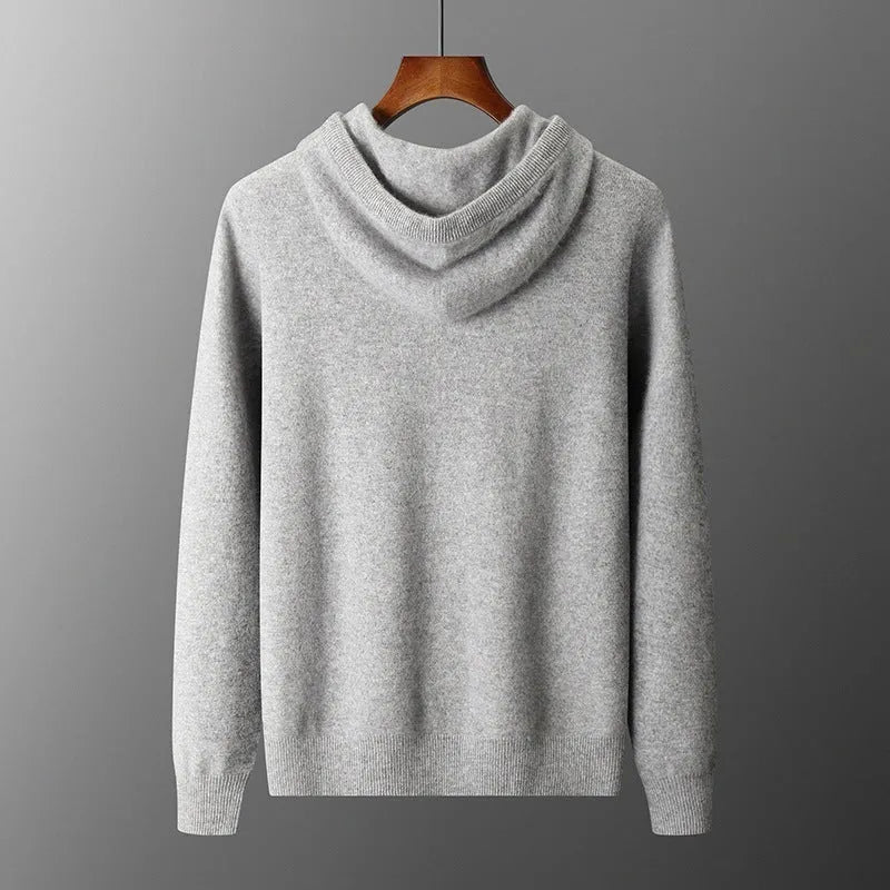 Men's light grey cashmere hoodie and trousers set for winter casual wear