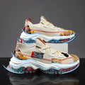 Flyknit platform dad casual sports trainers in beige colour, showing low-top design and round toe.