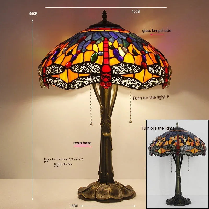 Stone table lamp with Tiffany-style dragonfly design in retro European style