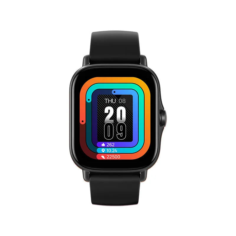 GT20 black smartwatch with silicone strap showing health stats on 1.75-inch screen