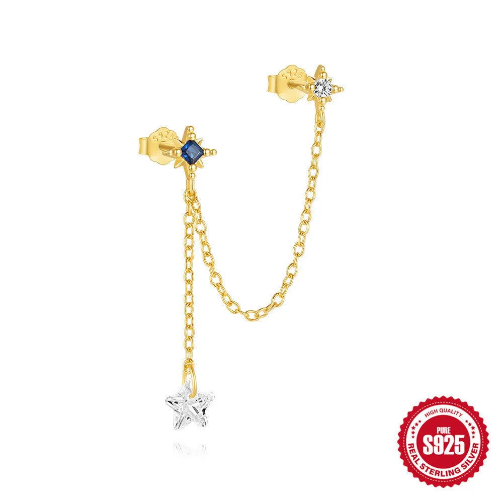 S925 sterling silver geometric chain stud earrings with zircon inlay in golden designs