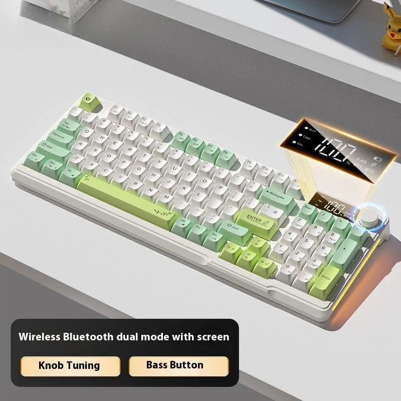 Blue and white wireless mechanical keyboard and mouse set on a desk, showing Type-C cable.