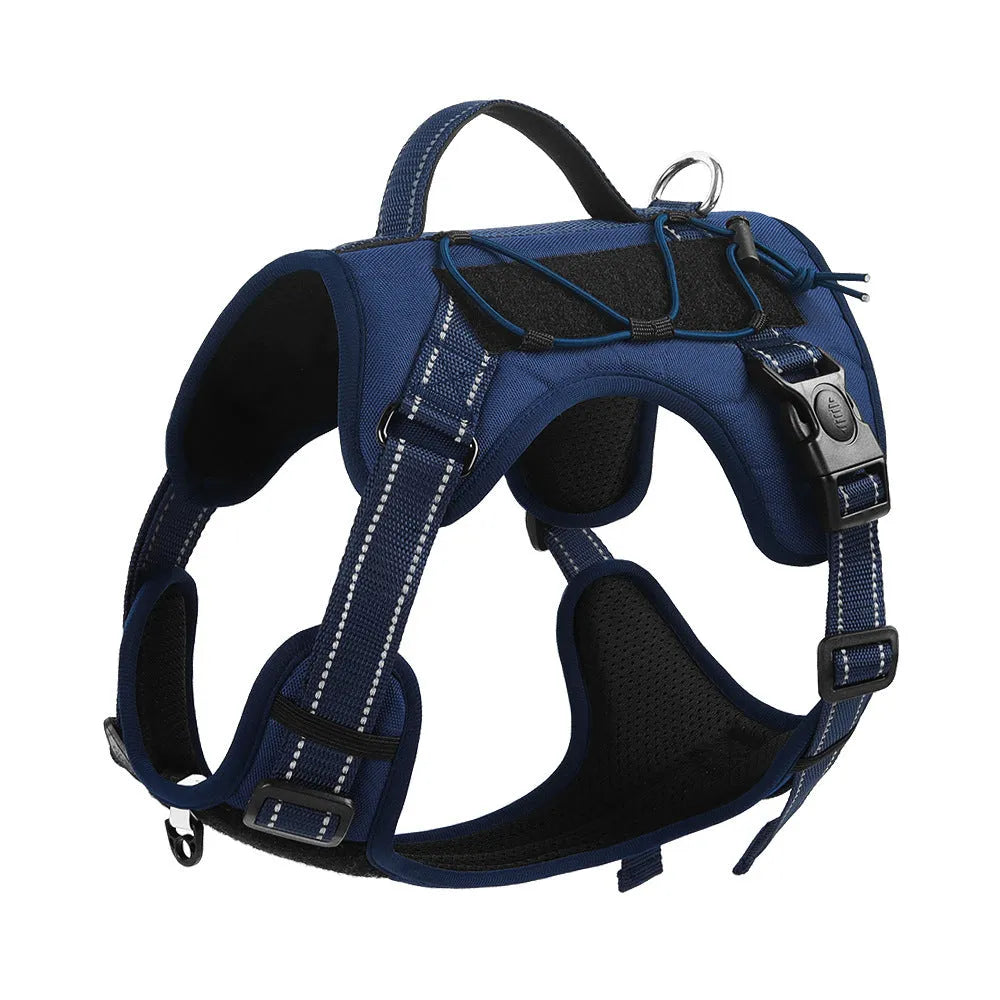 Orange reflective dog vest harness with integrated black hand-holding rope and adjustable straps.