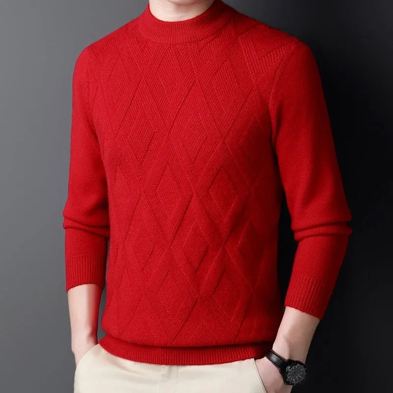 Men's winter thermal plus size sweater in wool blend with diamond jacquard texture