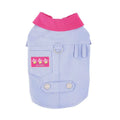 Blue and purple polyester dog vest harness with a metal lead attachment ring for small dogs.