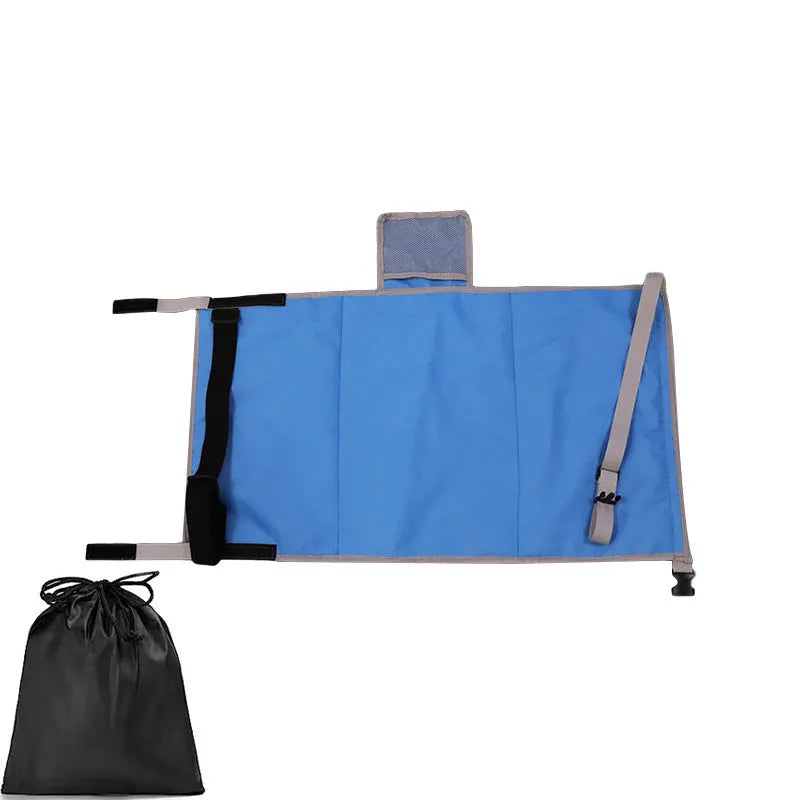 Portable blue children's aircraft pedal seat extender with extension device and drawstring pocket