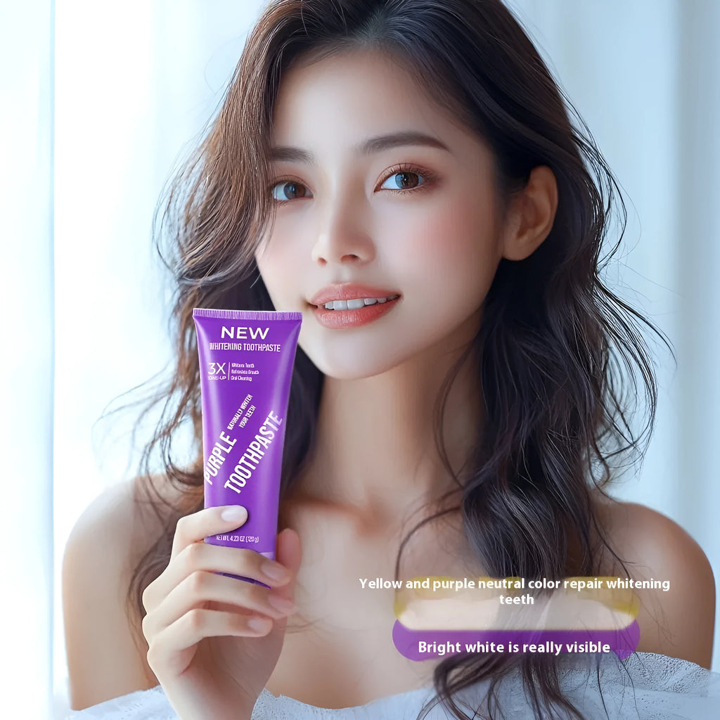 Purple whitening toothpaste tube for adults in 120g and 65g sizes