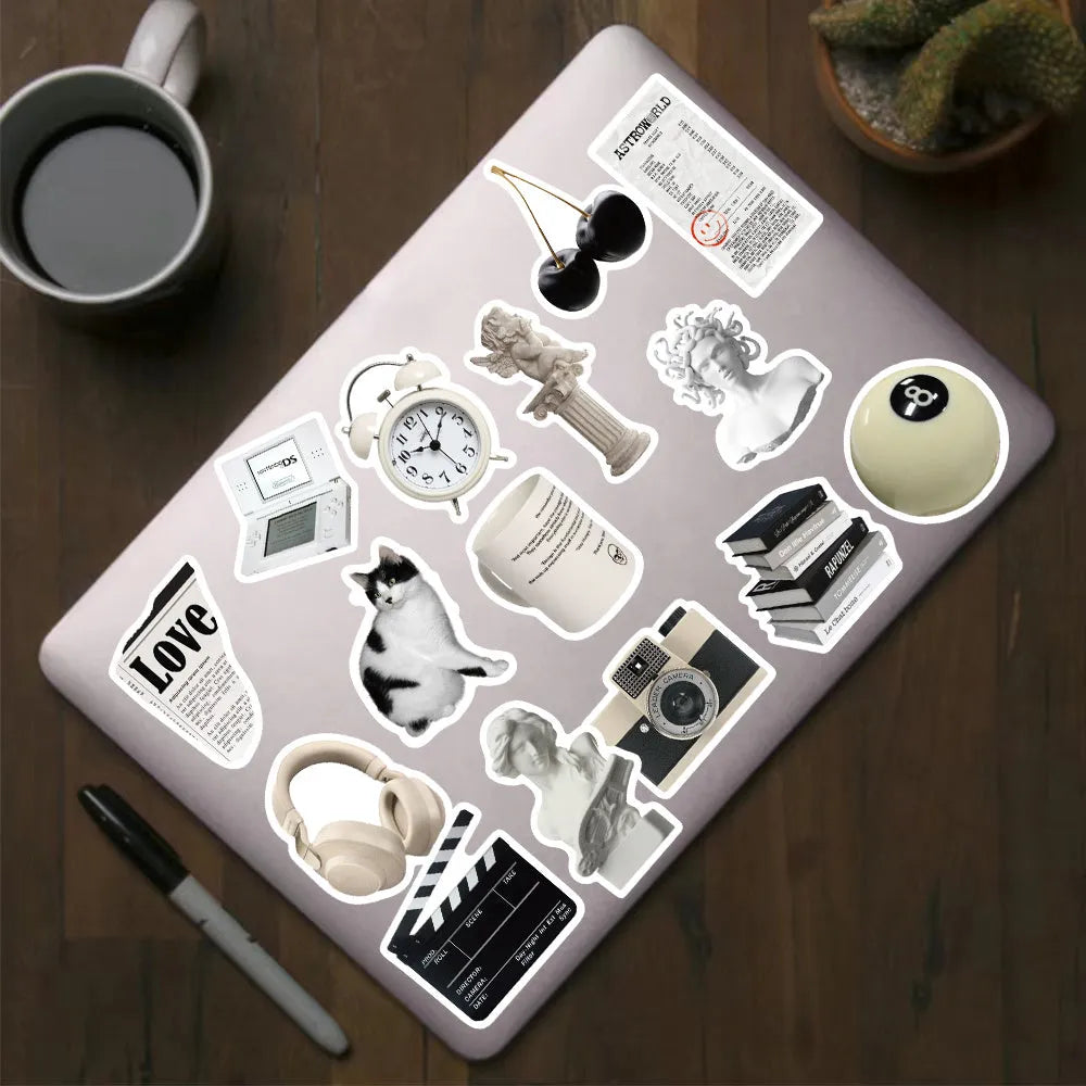 Black and white sticker set with 61 pieces, PVC waterproof material for laptops and cups