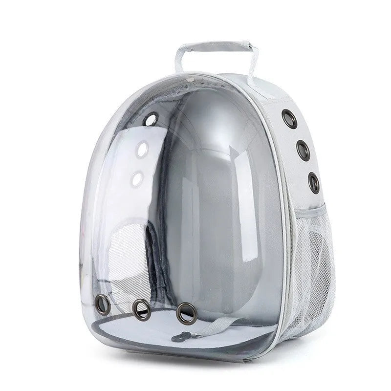 Grey astronaut-style structured cat carrier bag with a side-opening door