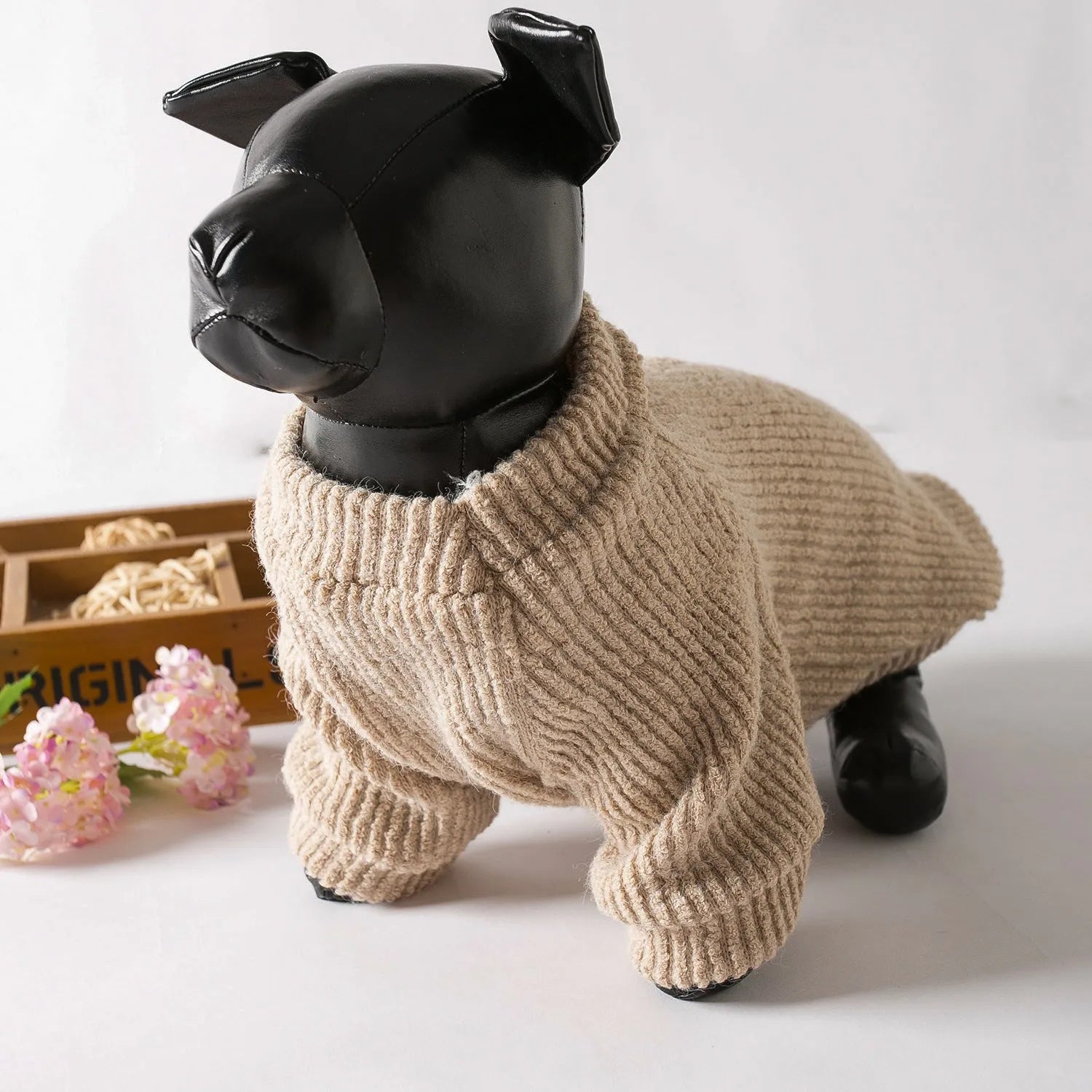 Brown cloth sweater for small dog on hanger with size tags XS S M L XL