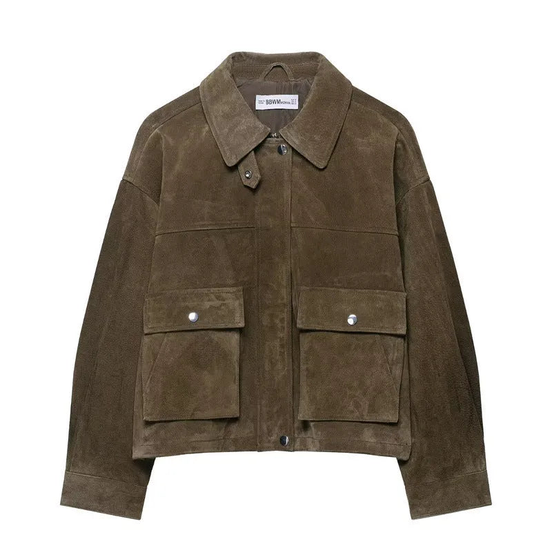 Women's picture colour PU leather jacket in Japanese Korean casual style