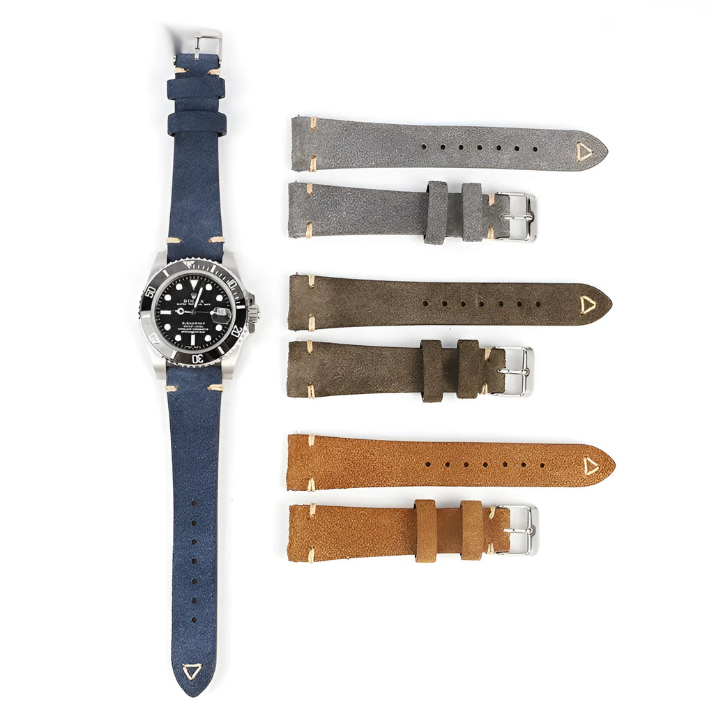 Brown suede genuine leather watch strap with ethnic style design, shown in 20mm width