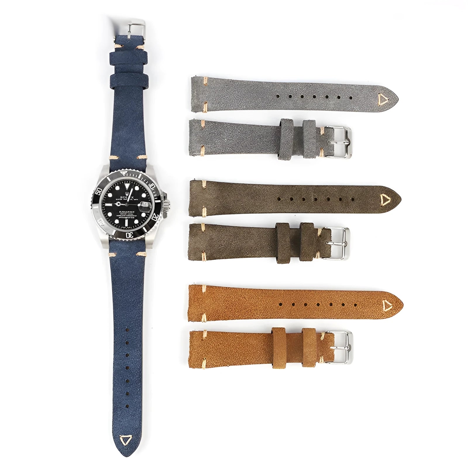 Brown suede genuine leather watch strap with ethnic style design, shown in 20mm width
