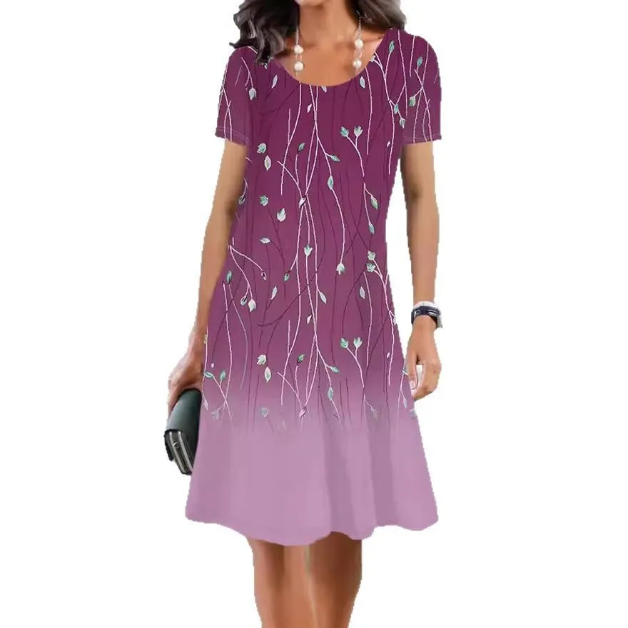 Women's floral printed summer dress with short sleeves and A-line mid-length skirt in ice silk fabric