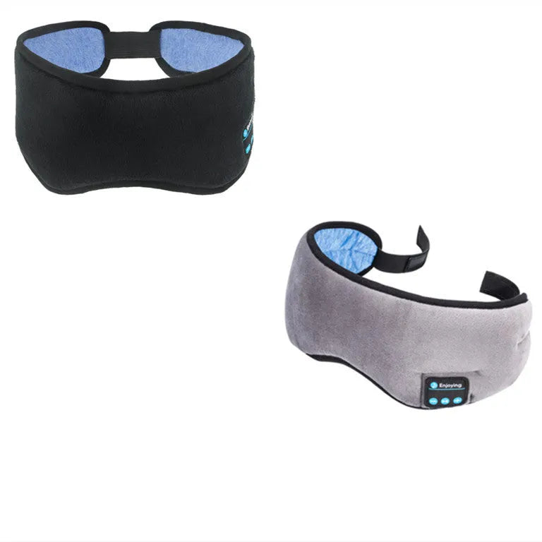 Black Bluetooth sleep eye mask with integrated small earphones showing head-mounted design